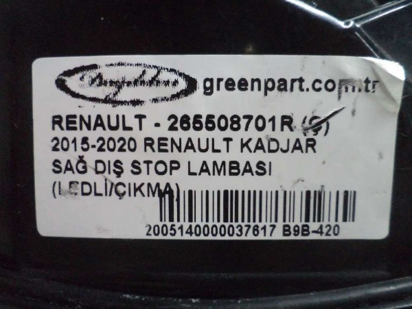 Renault Kadjar Sağ Stop Lambası (Led Arızalı Camı çatlak) Orj 265508701R CP HP (HD-110)