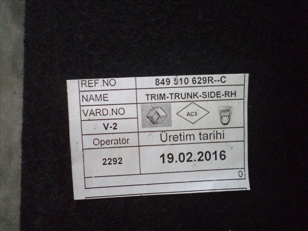 Dacia Logan Sandero Sol Arka Bagaj Kaplaması Orj 849510629R YP