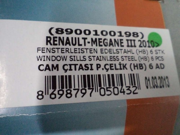 Renault Megane 3 Krom Cam Çıtası Takımı 6 Parça 8900100198 YP (AC140)